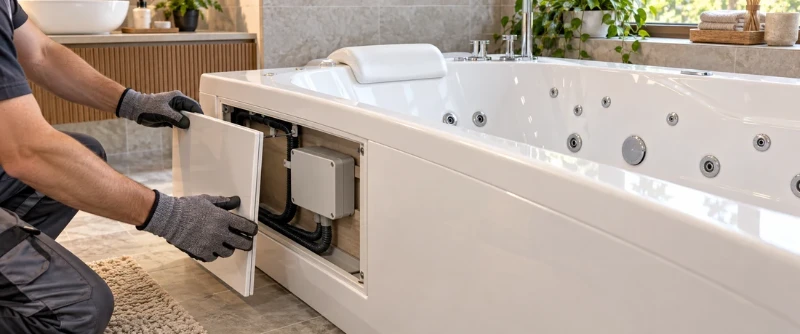 An electrician is preparing the connection for a hydromassage bathtub