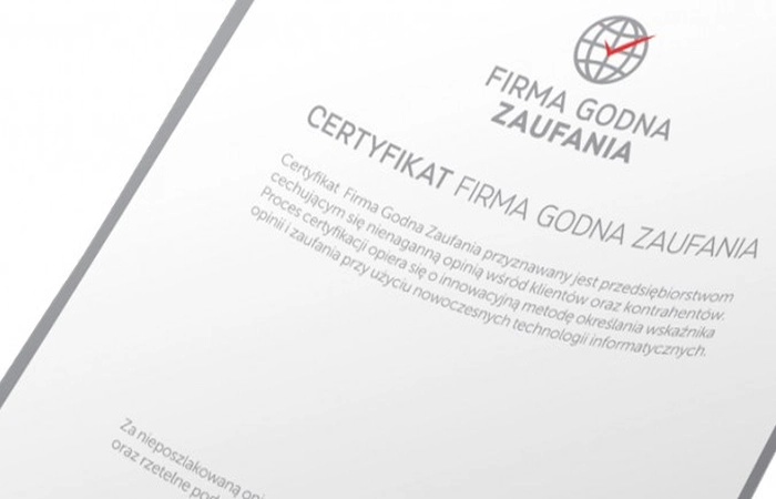 Certyfikat Firma Godna Zaufania dla Sigma Trade s.c. Białystok