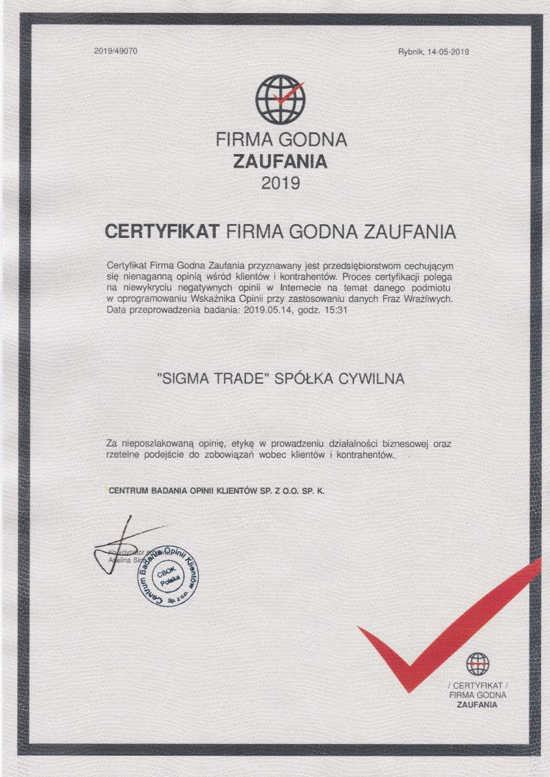 Sigma Trade with second Cerfiticate Trustworthy Company