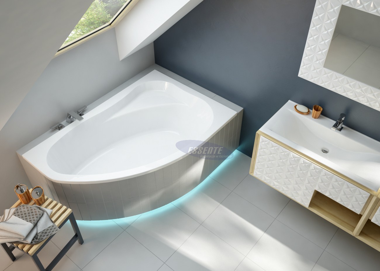 Arrangement of corner asymmetric right bathtub, IMPALA 150x100 cm - newest from ExclusiveLine series by ESSENTE!