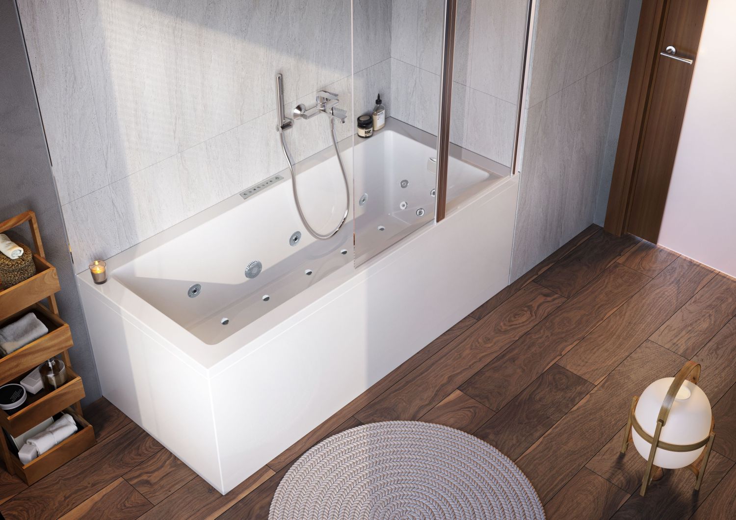 Arrangement of a rectangular bathtub with hydromassage IDA 150x70 cm version with front casing