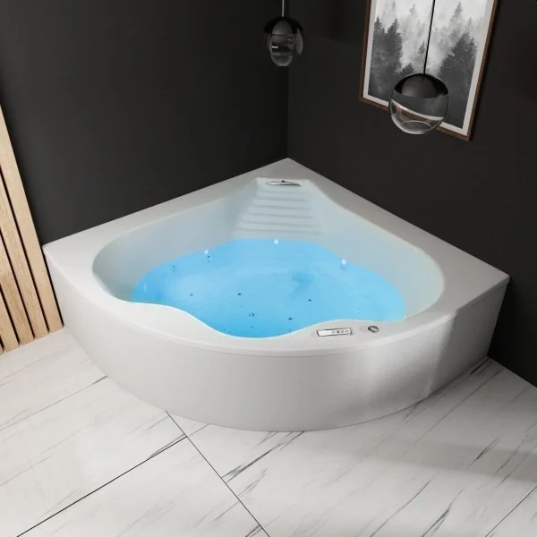 Arrangement of AVIRA corner hydromassage tub 140x140 cm in a black bathroom