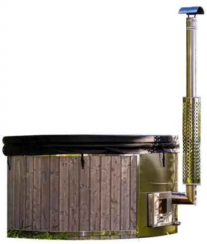 Garden hot tub with internal stove 225 cm - painted spruce wood Garden hot tub with internal stove - natural spruce wood painted in a gray, smoky color