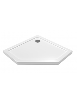 Pentagonal white corner shower tray 90x90x5 cm with a drain in the corner