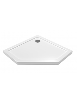 Pentagonal white corner shower tray 90x90x5 cm with a drain in the corner